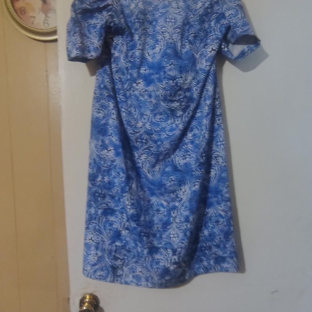 Roaman's Elegant Blue and White Patterned Midi Dress